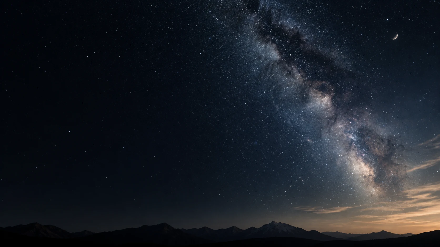 Dağların üzerinden görülen yıldızlar, Samanyolu ve hilali betimleyen yapay zekâ üretimi gece göğü